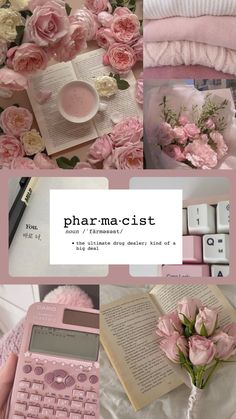 a collage of pink flowers and books