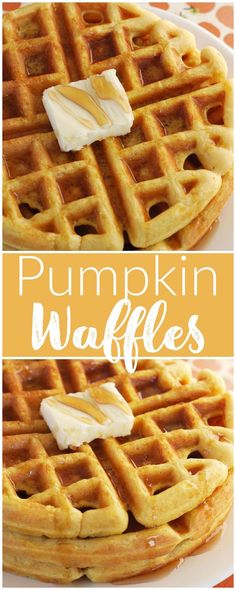 two waffles with butter on top and the words pumpkin waffles above them