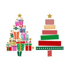 two christmas trees with presents on them