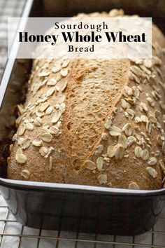 a loaf of sourdough honey whole wheat bread in a pan on a cooling rack