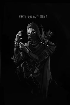 a black and white image of a man in a hoodie holding a knife with the words what's yours mine on it