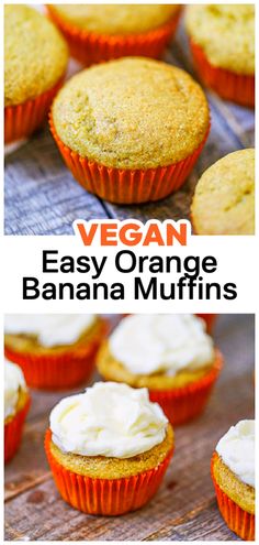 vegan easy orange banana muffins with cream cheese frosting in the middle