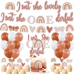 an assortment of balloons, cupcakes and cake with the words i wait she lovely