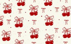 red cherries with bows and hearts on a white background seamless wallpaper pattern