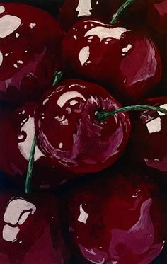 a painting of red cherries with water droplets on them