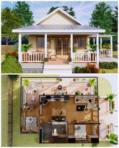 two pictures of a small house with porches and an open floor plan for the living room