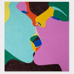 an abstract painting of two people with their faces touching each other's noses in different colors