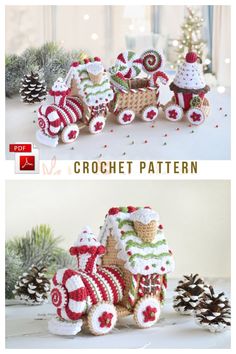 crochet pattern for a christmas train with santa's sleigh and snowmen