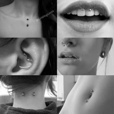 four different pictures of the same person with piercings on their ear and nose rings