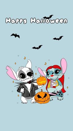 two cartoon characters sitting next to each other on a blue background with bats and pumpkins