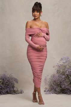 Neva | Blush Bardot Twist Maternity Midi Dress Maternity Elegant Dress, Pink Maternity Dress, Club L London, Bardot Neckline, Maternity Midi Dress, Stylish Maternity Outfits, Black Dress Prom, Baby Shower Dresses, Party Dress Long Sleeve