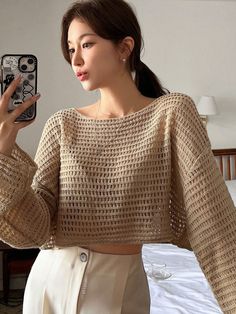 Women Solid Color Basic Round Neck Hollow Knitted Sweater, Perfect For Daily Wear Camel Casual  Long Sleeve Knitwear Plain Pullovers Slight Stretch  Women Clothing, size features are:Bust: ,Length: ,Sleeve Length: Square Neck Crochet Sweater, Crochet Sweater, Knitwear Women, Crochet Clothes, Women Clothing, Crochet Projects, Daily Wear, Knitted Sweaters, Length Sleeve