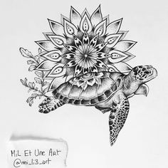 a drawing of a turtle with a flower on its back