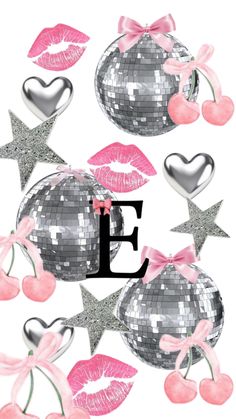 the letter e is surrounded by silver and pink decorations with lipstick, stars, and hearts