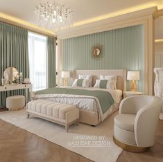 a bedroom with green walls and white furniture