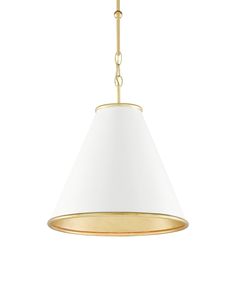 a white and gold pendant light hanging from a ceiling fixture with a chain on the end