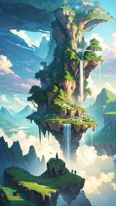 an island in the sky with trees and water falling off it's sides, surrounded by clouds