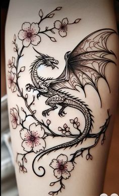 Dragon Tattoo For Women Forearm, Fantasy Sleeve Tattoo, Badass Tattoos For Women, Dragon Tattoo With Flowers, Small Dragon Tattoos, Tattoos For Women Flowers, Fantasy Tattoos