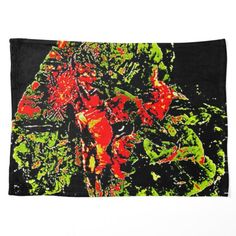 a black and green painting with red flowers on it