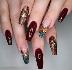 Burgundy Fall Nails, Fall Nails Designs, Winter Nails Acrylic, Gold Nail, Fall Acrylic Nails, Fall Nail Art, Hot Nails