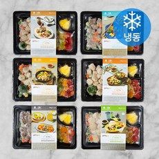 six black trays with different types of food on them and snowflakes in the background