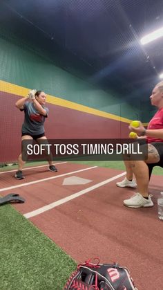 two women are playing softball in a batting cage with the words soft toss time drill