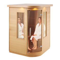 two women sitting in a sauna with the doors open and one woman standing inside