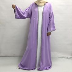 Samira Satin Diamond Embellished Maxi Abaya Set (2 Piece Set) Satin Floor-length Abaya For Eid, Purple Floor-length Abaya, Elegant Purple Maxi-length Abaya, Purple Long Sleeve Wedding Abaya, Elegant Long Purple Kaftan, Elegant Purple Long Sleeve Kaftan, Elegant Long Purple Abaya, Eid Outfits Ideas, Diamond Belt