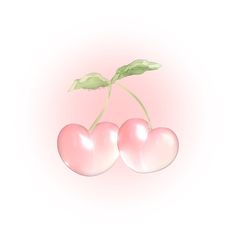 three pink cherries with green leaves on them against a white background, in the shape of hearts