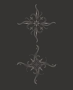 an ornate cross on a black background with white swirls in the center and bottom corner