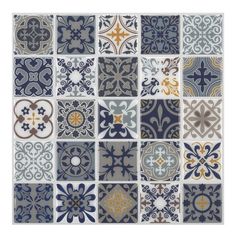 an assortment of blue and white tiles with different designs on them, all arranged in squares