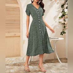 Floral Short Sleeve V Neck Button Through A-Line Summer Dress Western Dresses For Women, Below The Knee Dresses, Womens Floral Dress, Split Dress, Button Up Dress, Western Dresses, Ditsy Floral, Trendy Fashion Women, Tea Dress