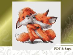 a cross stitch pattern of two foxes hugging each other