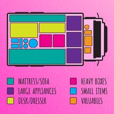 a pink background with different types of boxes