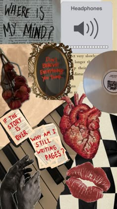 collage of various images with words and pictures on them, including an open heart