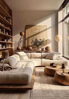 a living room filled with lots of furniture next to a large window and bookshelf