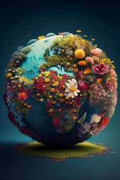 an image of a globe made out of flowers and plants on a blue background with green grass