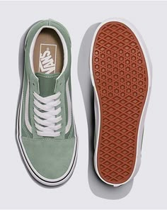 Old School Vans Shoes, Sage Green Shoes, Platform Aesthetic, Platforms Aesthetic, Old Skool Stackform, Custom Vans Shoes, Cute Vans, Platform Vans, Rare Vans