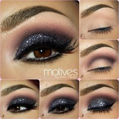 Black Eyeshadow Tutorial, Smokey Eye Steps, Shimmer Eye Makeup, New Year's Makeup, Eyeshadow For Brown Eyes, Glitter Eye Makeup, Glitter Eye, Smink Inspiration