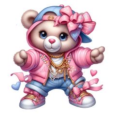 a teddy bear wearing a pink jacket and blue pants with hearts on it's chest