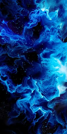 an abstract painting with blue and white swirls in the middle, on a black background