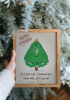 someone is holding up a christmas tree ornament in front of a fir tree