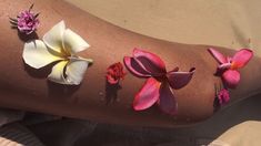 a woman's arm with flowers on it and one flower has been placed in the sand