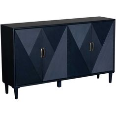 a black and gold sideboard with geometric designs on the front, two doors and three drawers