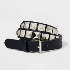 Black faux-leather belt from Wild Fable™ covered with two rows of shiny metal square pyramids. Features 34-inch length with multiple holes for a customizable fit and a silver-finish buckle closure. If you’re not satisfied with any Target Owned Brand item, return it within one year with a receipt for an exchange or a refund. Wild Fable™: A look for every story. Masculine Clothing, Branded Belts, Studded Belt, Faux Leather Belts, Denim Shorts Women, Belt Size, Black Faux Leather, Metal Buckles, Belts For Women