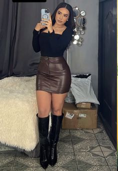 #fashion Leather Going Out Outfit, Leather Skirt Sweater Outfit, Fashion Outfits2023, Concert Outfit Ideas Night, Outfit With Leather Skirt, Skirt Sweater Outfit, Faux Leather Skirt Outfit, Indian Romance, Girls Night Outfit