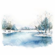 watercolor painting of people walking in the snow near a lake with trees on it