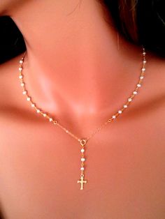 Petite Pearl Rosary Necklace Women Cross by divinitycollection Dainty Rosary Necklace, Layered Rosary Necklace, Gold Rosary Necklace Woman, Rosary Inspired Necklace, Gold Rosary Necklace, Spiritual Faith, Pearl Cross Necklace, Rosary Beads Necklace, Necklaces Dainty