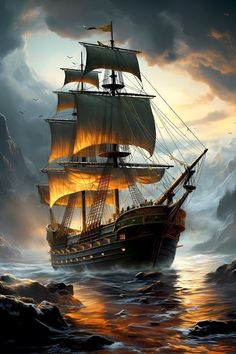 a painting of a pirate ship sailing in the ocean with flames coming out of its sails