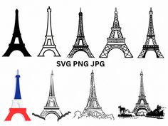 the eiffel tower silhouettes are shown in different colors and sizes, including red white and blue